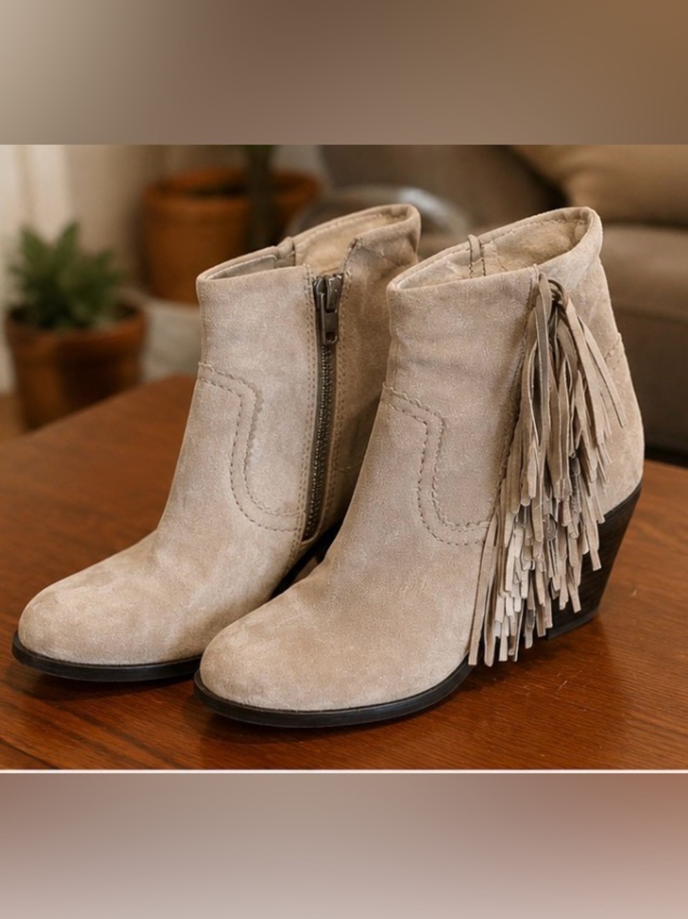 Sam Edelman Lou Fringe Suede Ankle Booties – Women’s Size 7M – Taupe
